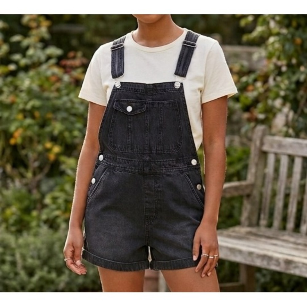 No Boundaries Black Denim Overalls Shorts‎ Romper Womens Small Distressed